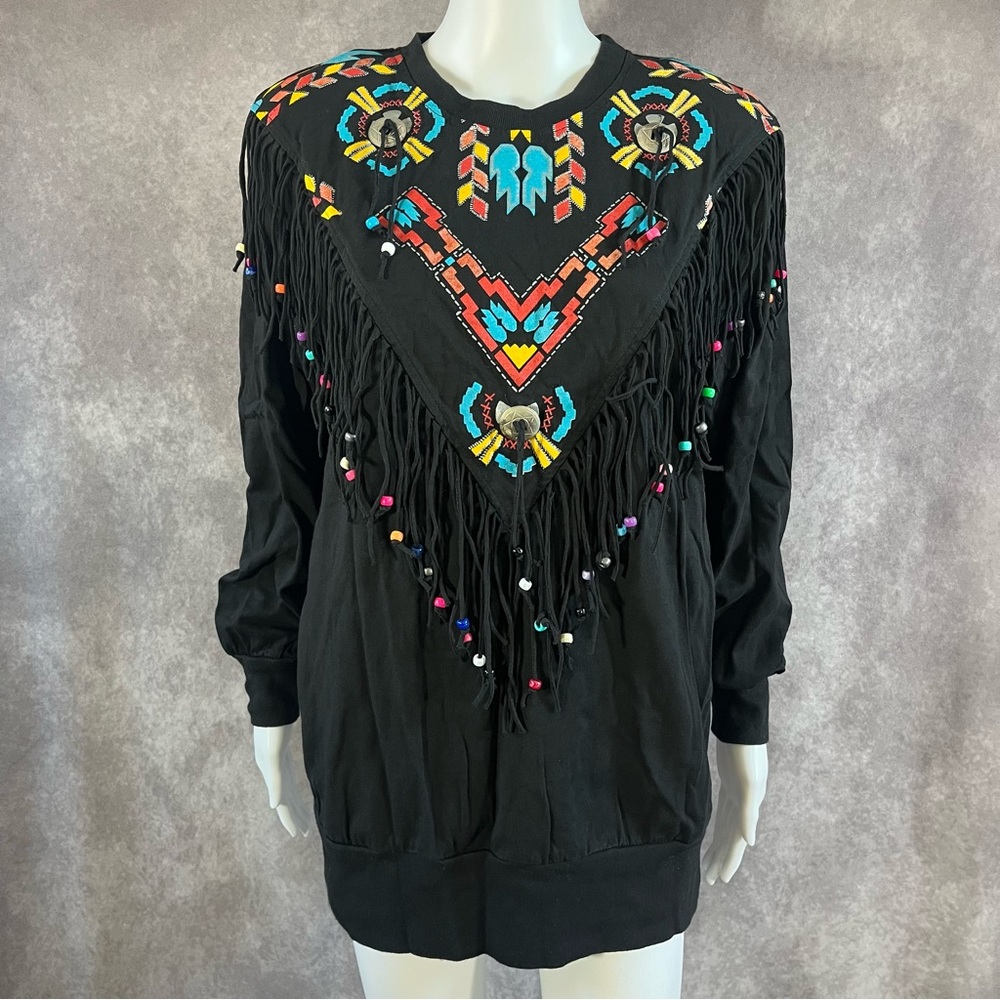 Cristina Maxx T-Shirt Women M Black Fringe Bead Southwestern Graphic *See Desc*